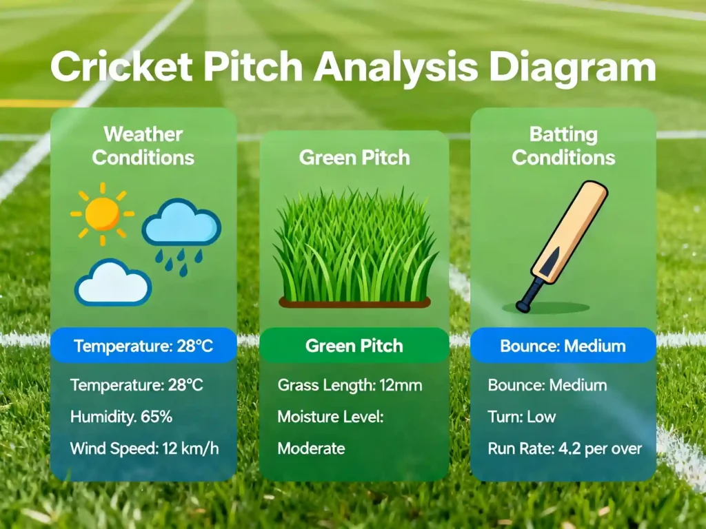Cricket pitch analysis for betting strategy, including weather and ground conditions